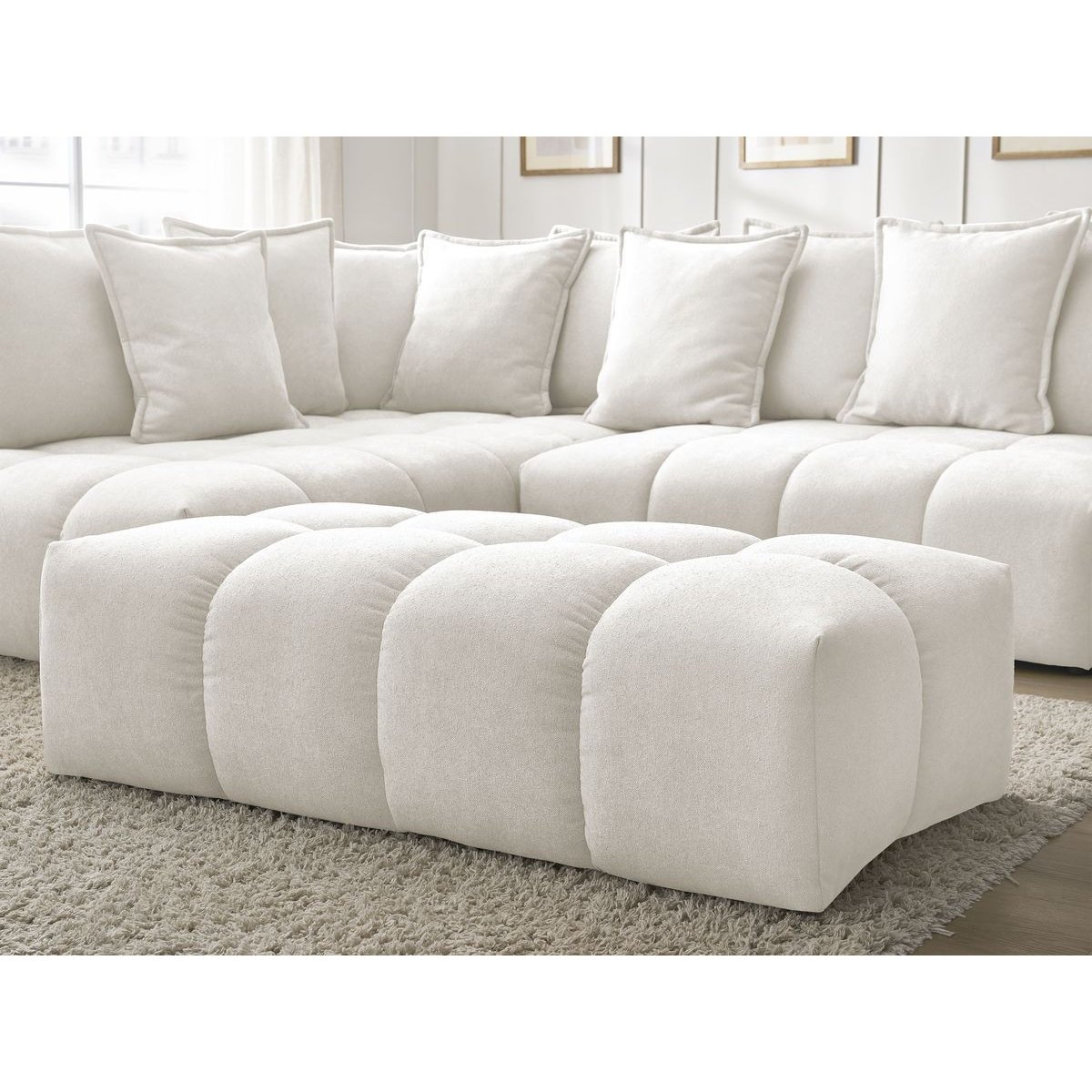 Canapé d'angle convertible 4 places en tissu texturé avec pouf, EVEREST blanc, BOBOCHIC