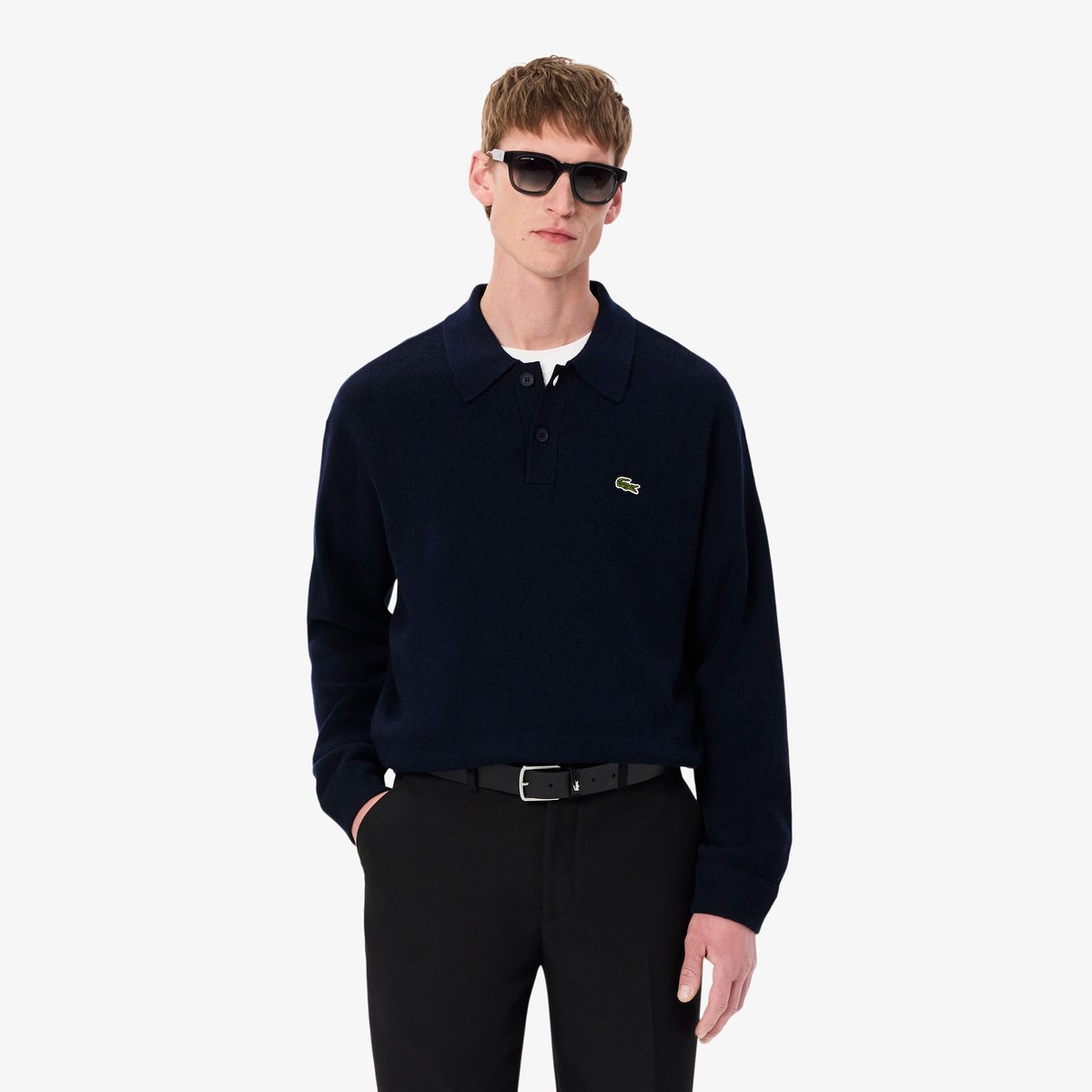 Pull polo relaxed fit en laine bleu-166, LACOSTE
