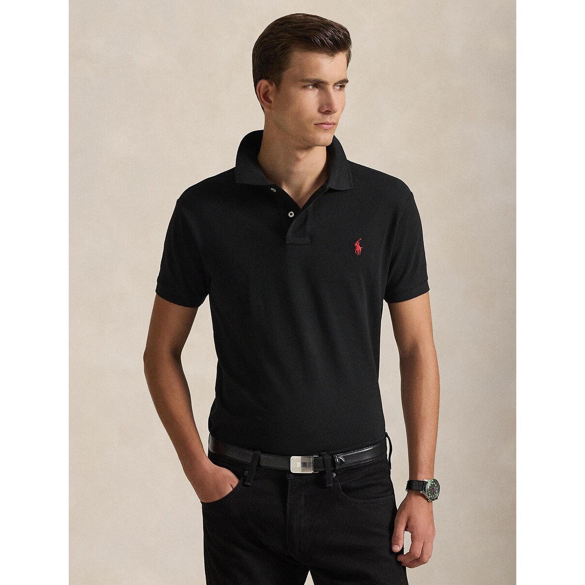 Polo cintré en coton piqué noir, POLO RALPH LAUREN