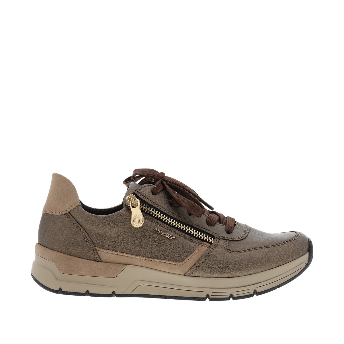 Baskets running bronze à talon plat avec des lacets et un zip latéral marron, RIEKER
