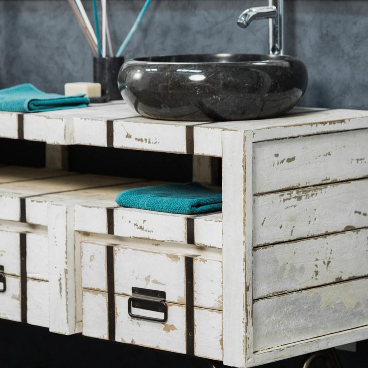 Meuble mindi et métal rectangle double sous vasque 160 LOFT blanc, WANDA COLLECTION