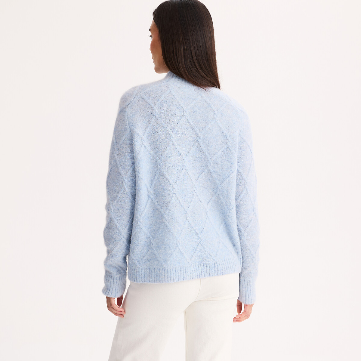 Jersey de cuello alto con punto trenzado en relieve, mezcla de alpaca y lana azul polar , ANNE WEYBURN