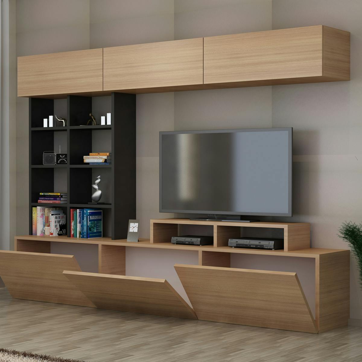 Ensemble meuble TV moderne décor bois étagères noires MARFA bois naturel, PIER IMPORT