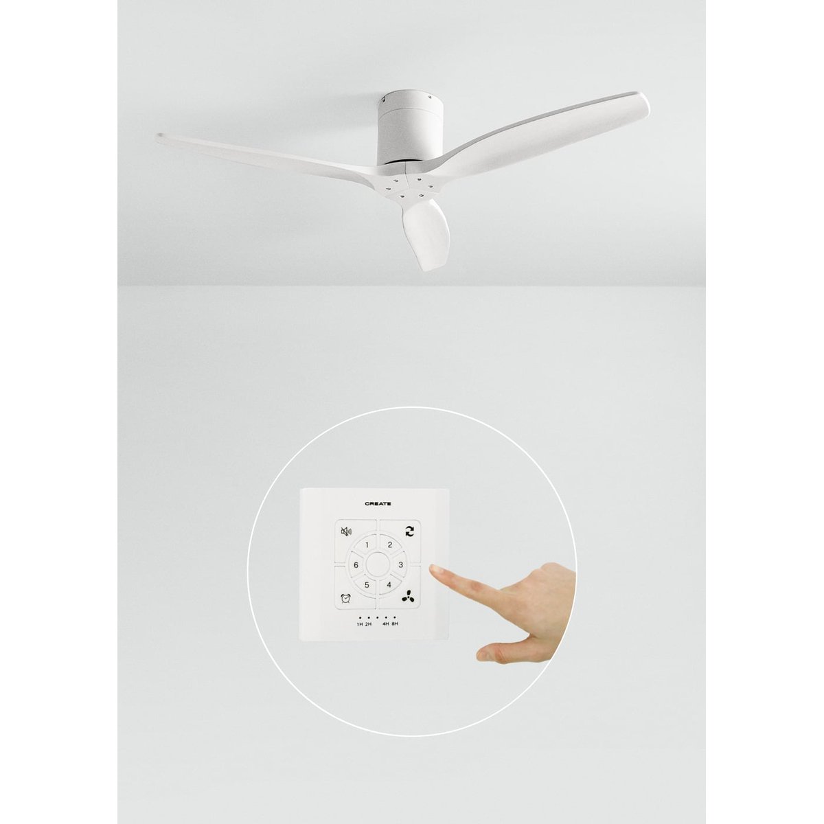 Ventilateur de plafond avec pales techniques en ABS sans lumière avec contrôleur mural WIND CALM blanc/blanc, CREATE