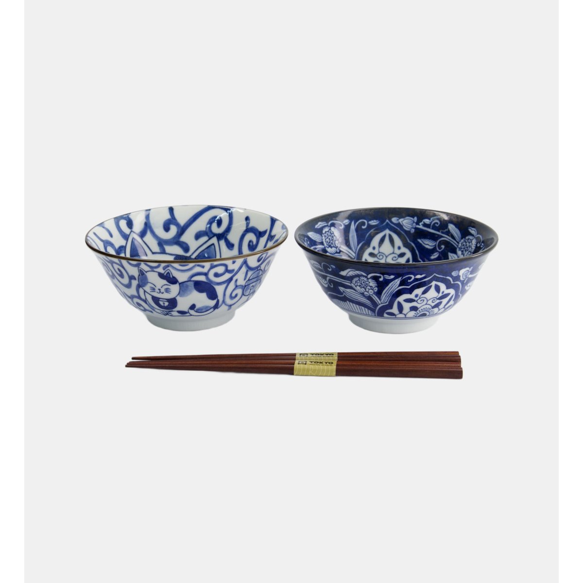 Coffret de 2 bols tayo et 2 paires de baguettes - chat bleu et blanc, TOKYO DESIGN STUDIO