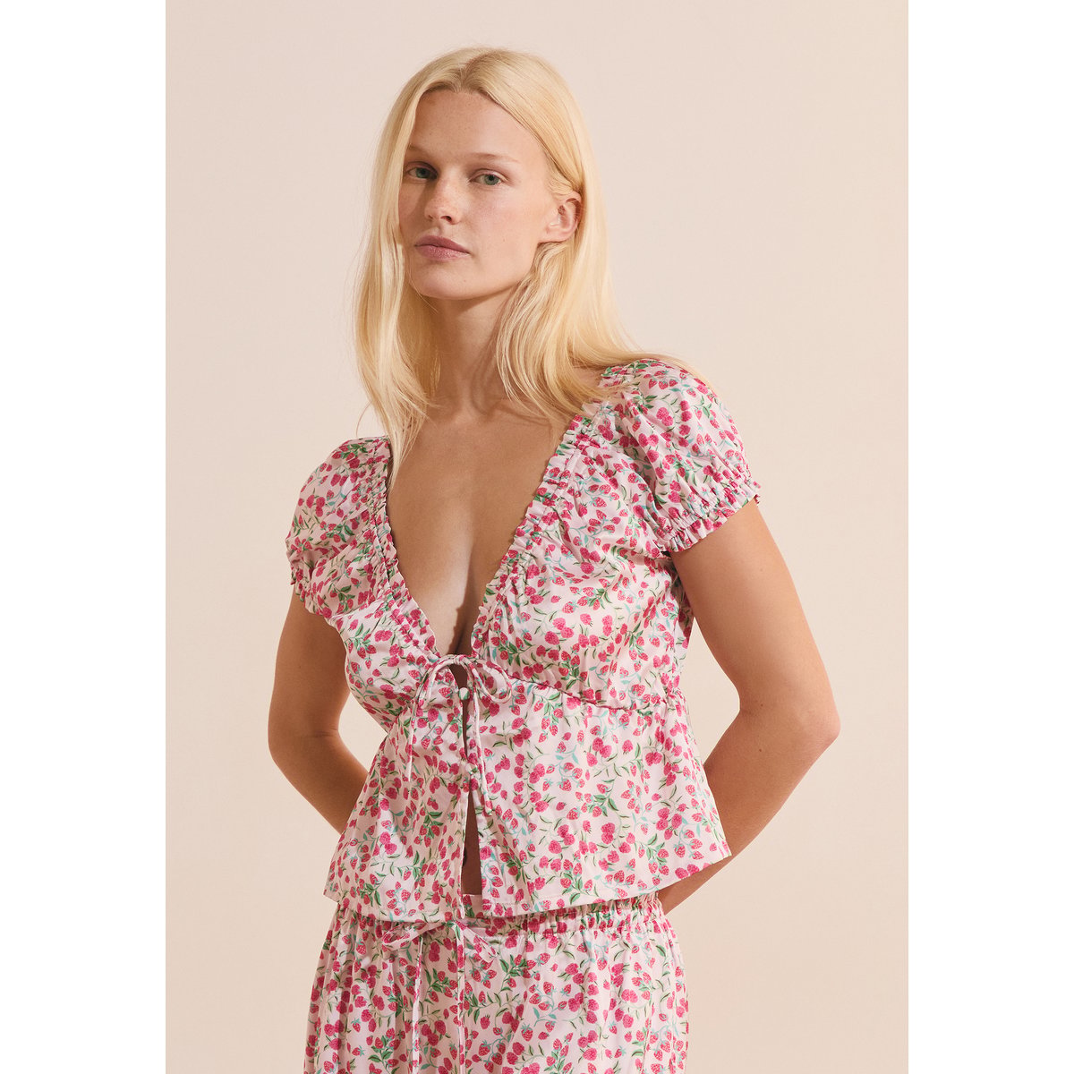 Top manches courtes à motifs satiné FEUILLINE imp fond rose, ETAM