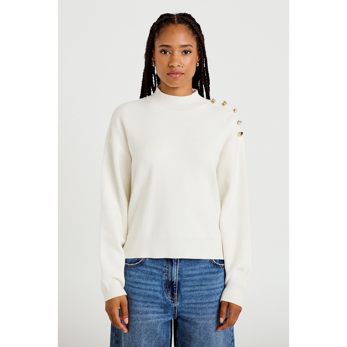 Pull col montant manches longues ecru, CACHE CACHE