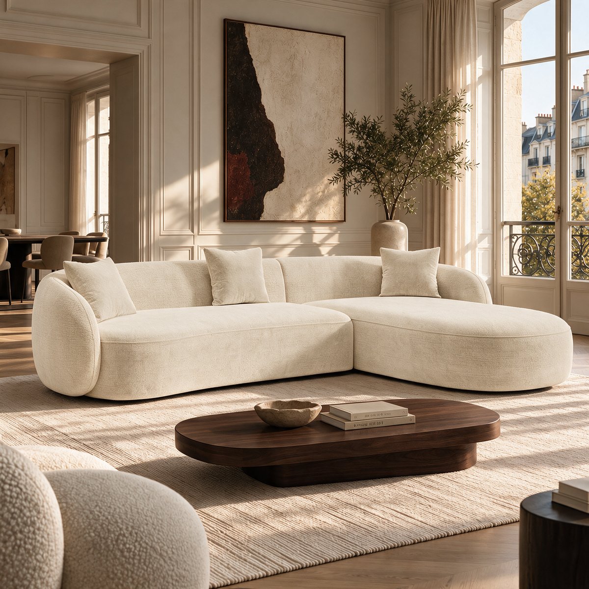 Canapé d'angle droit 4 places en velours texturé CELINE crème, SIA HOME