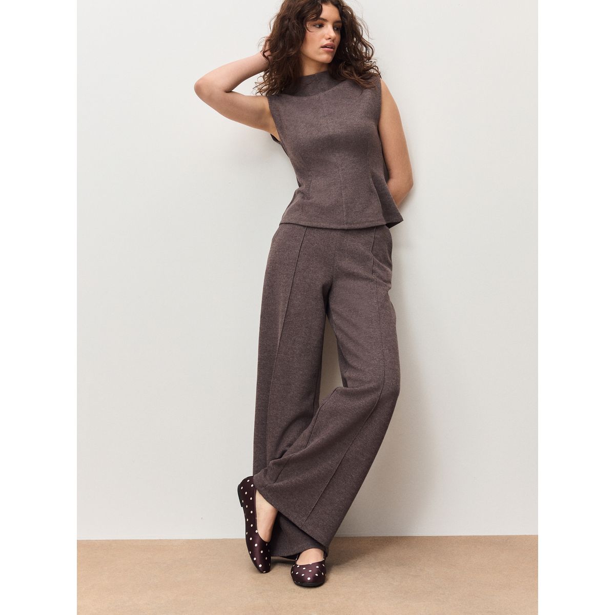 Pantalon large aspect laine taupe, NEXT