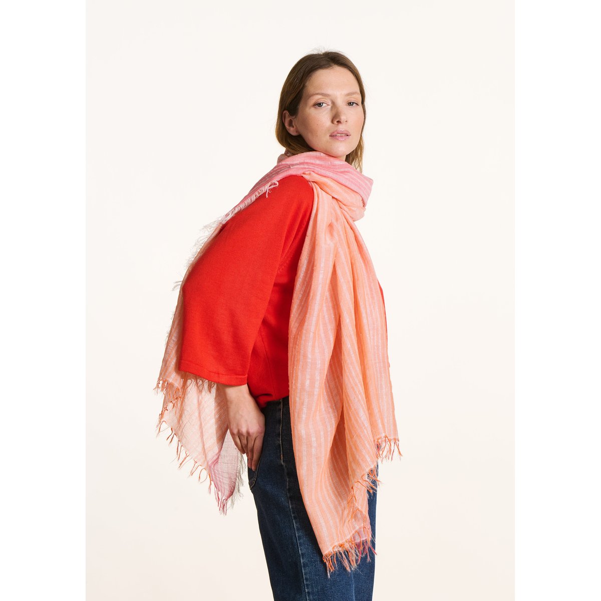 Foulard en coton à rayures fil textile orange, LA FEE MARABOUTEE