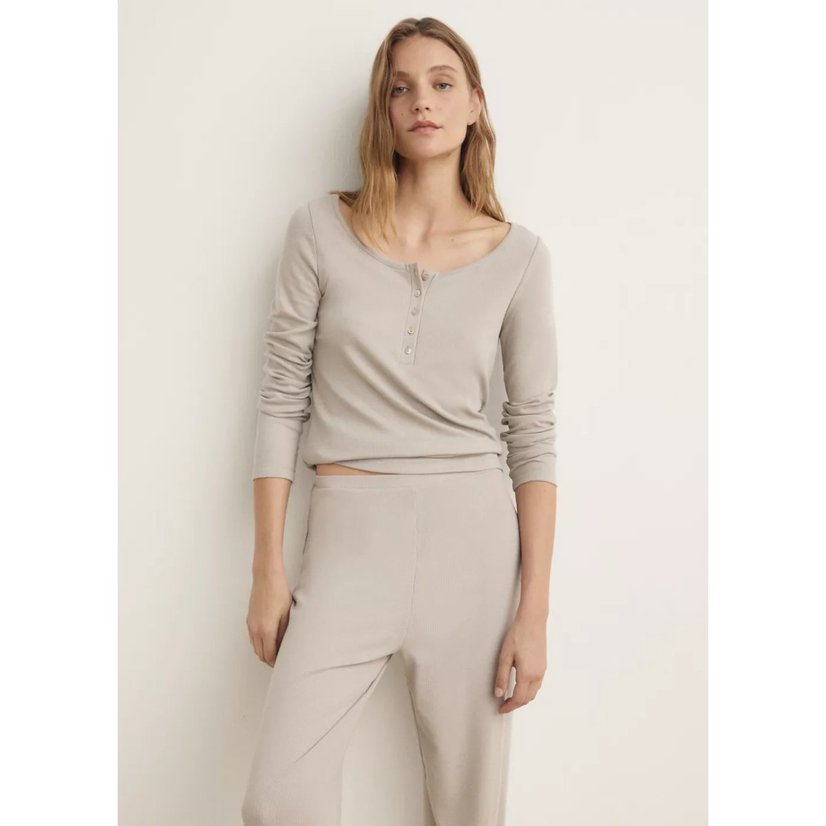T-shirt maille côtelée boutons gris clair/pastel, MANGO