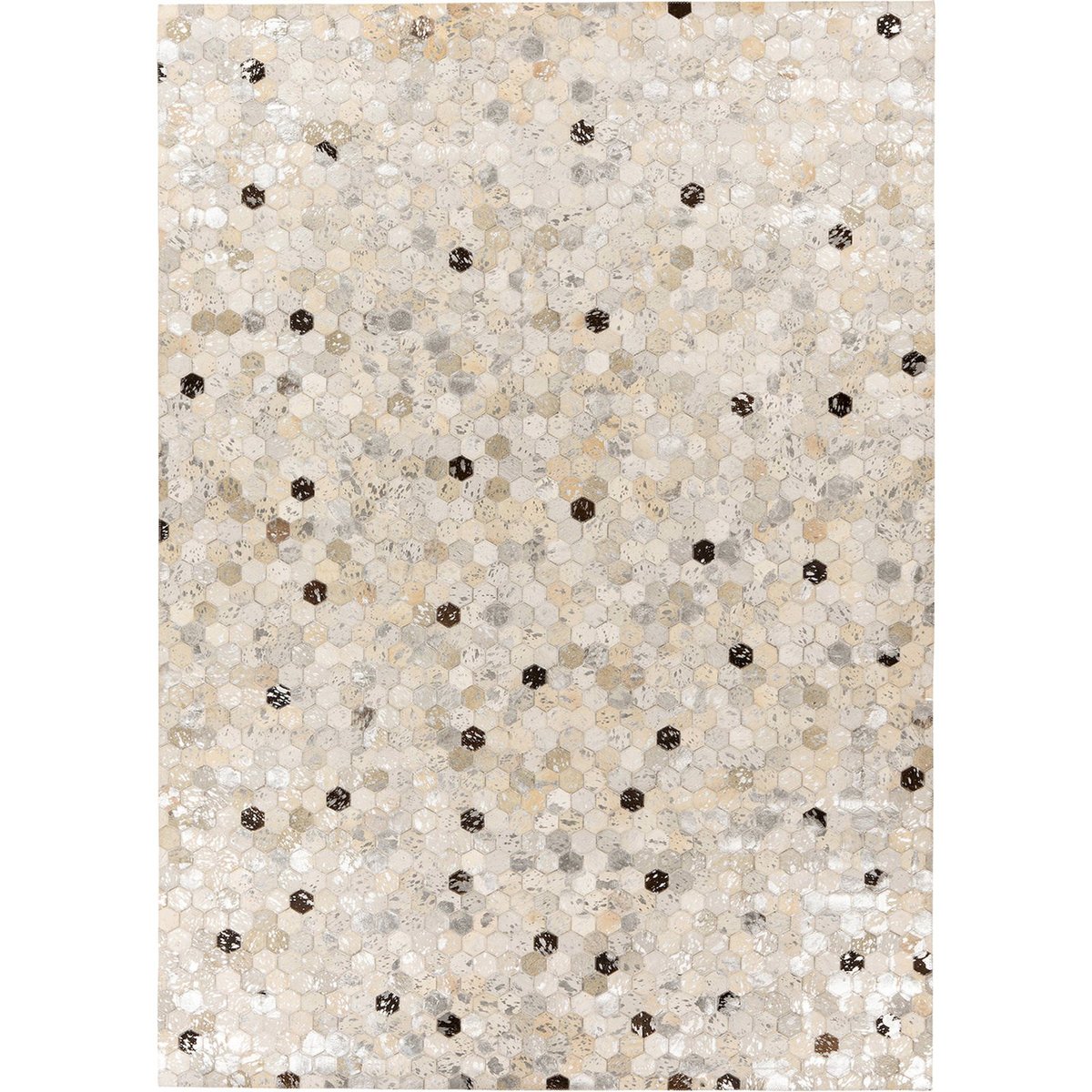 Tapis en cuir patchwork cousu main gris argent nuancé beige et blanc, ARTE ESPINA