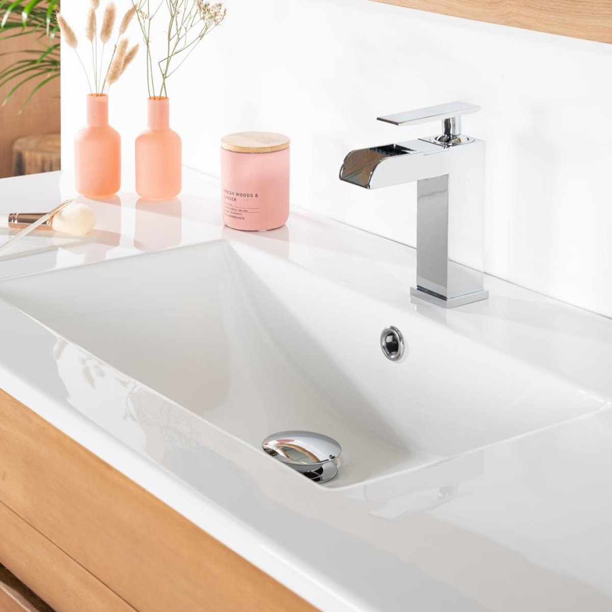 Meuble salle de bain en teck et céramique solo 120 cm SIRA blanc, WANDA COLLECTION
