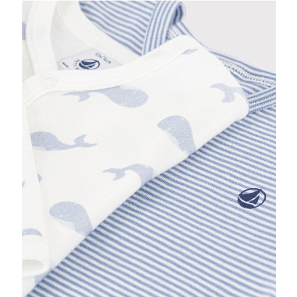 Lot de 2 pyjamas sans pieds en coton, imprimés baleines et rayures rayé + blanc, PETIT BATEAU