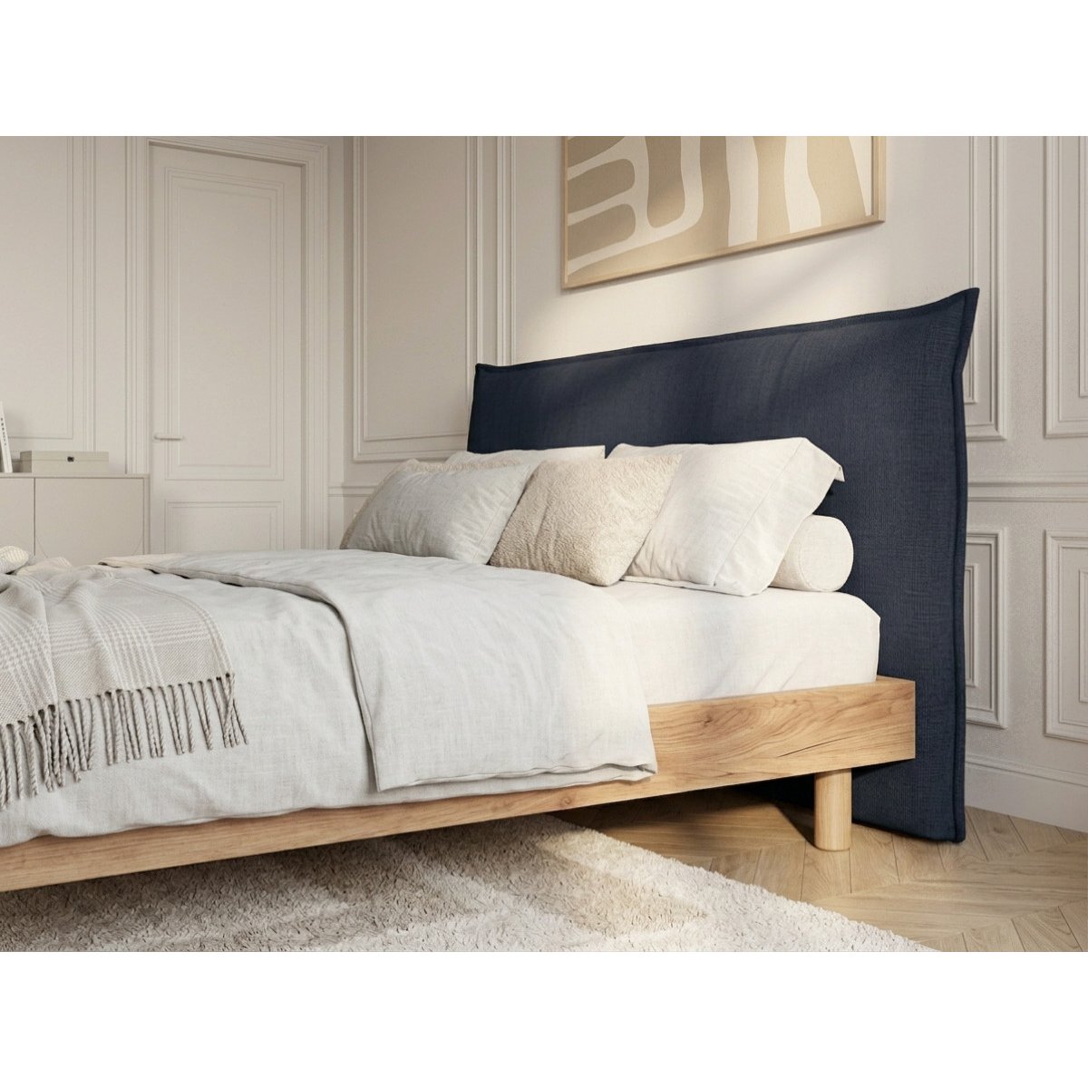 Lit bois revêtement tissu texturé, CHARLIE bleu foncé, BOBOCHIC