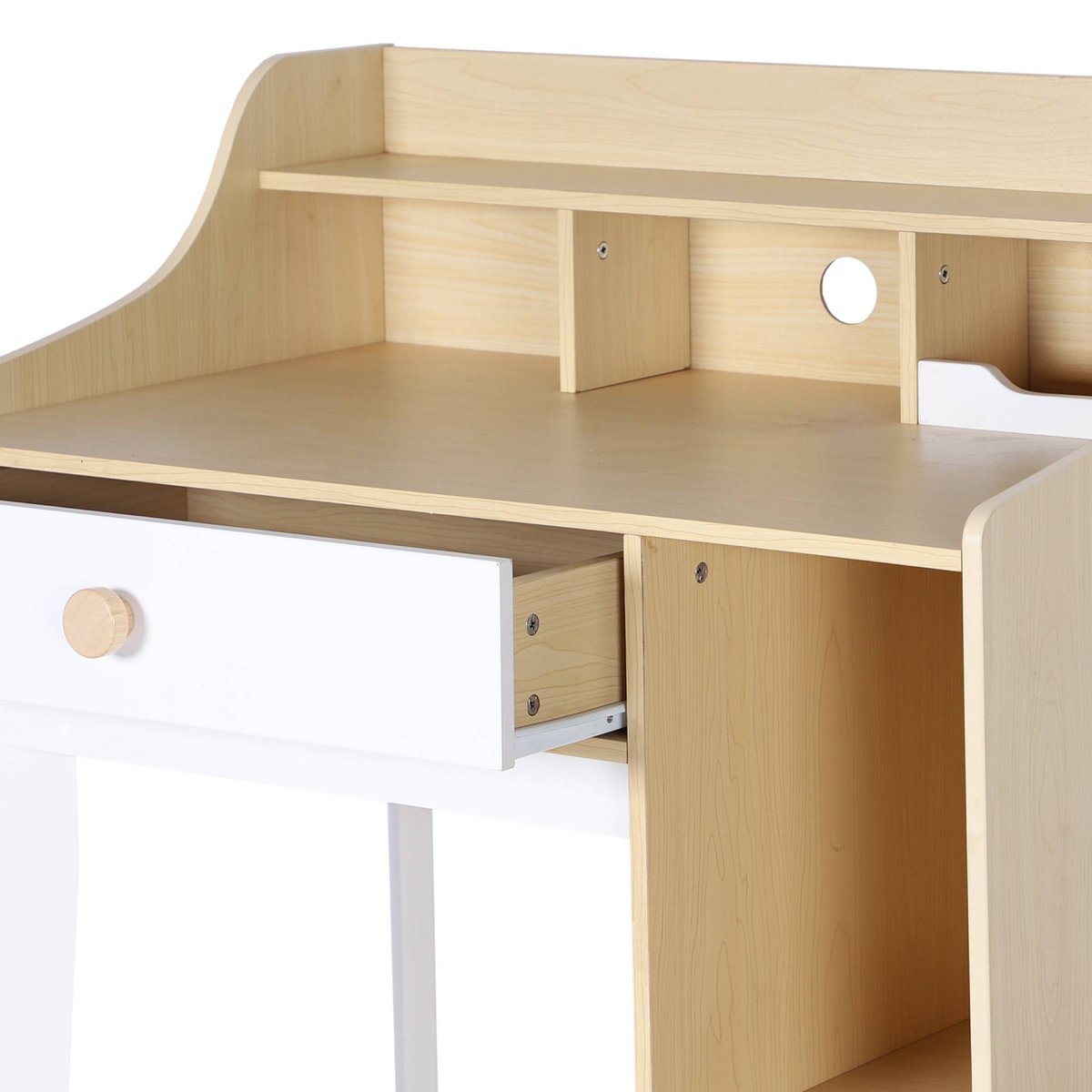 Bureau enfant décor bois 1 tiroir 3 étagères EDGAR blanc et naturel, SWEEEK