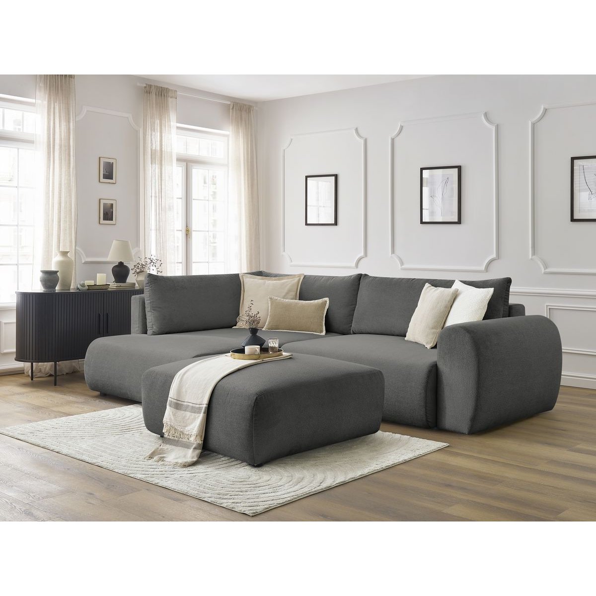 Canapé d'angle convertible 4 places en tissu lisse avec pouf, LUCIEN gris foncé, BOBOCHIC