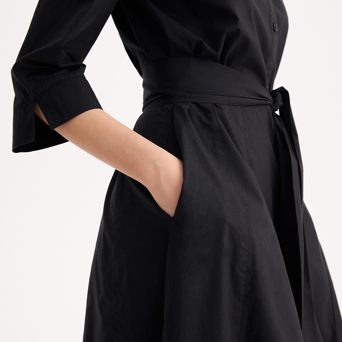 Robe longue évasée en coton, manches 3/4 noir, ANNE WEYBURN