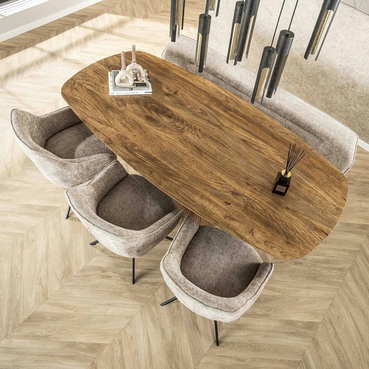 Table à manger rectangulaire avec pied central rainuré en bois de manguier 215 cm CREEK bois naturel, PIER IMPORT