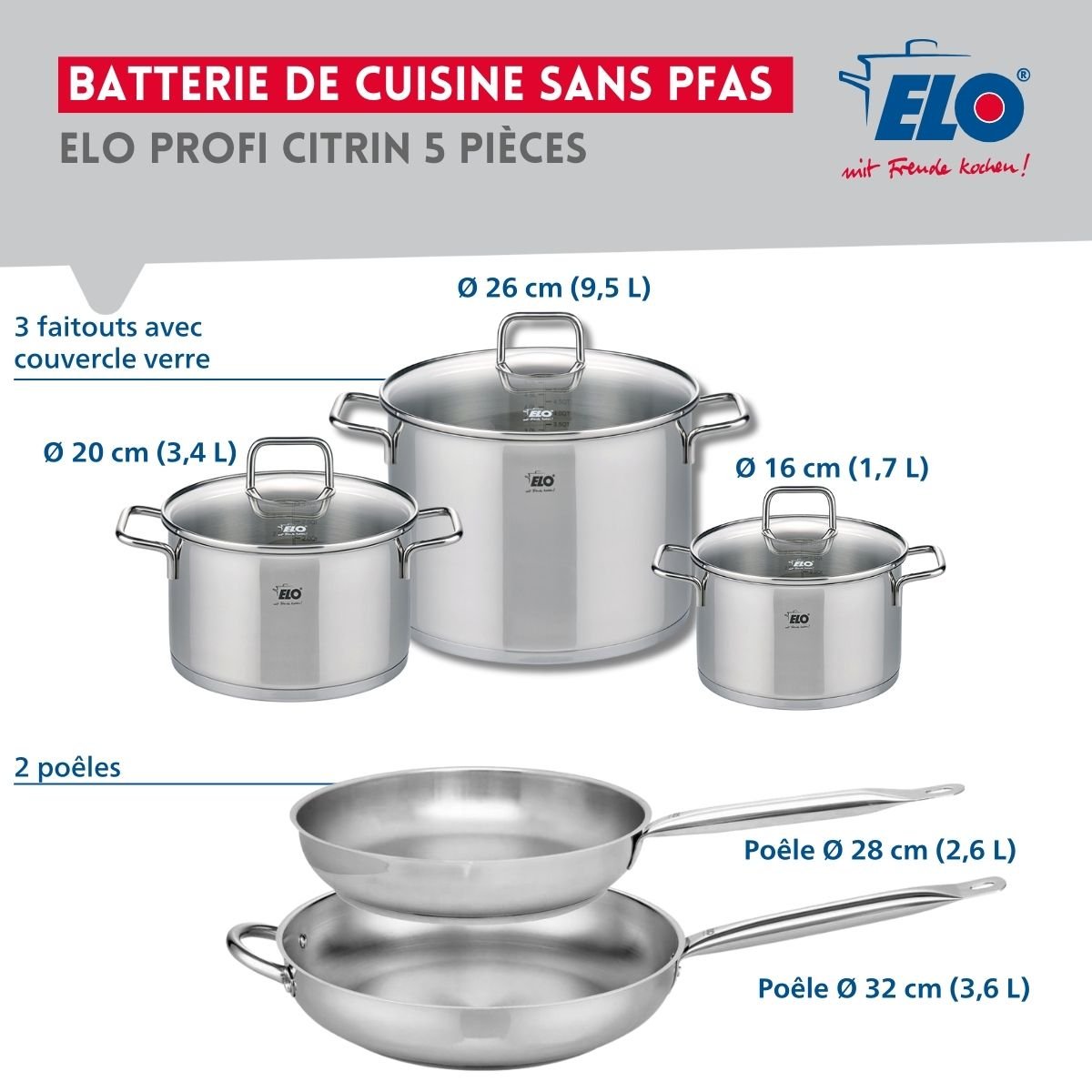 Batterie 2 poêles 28/32cm + 3 faitouts 16/20/26cm PROFI CITRIN inox, ELO