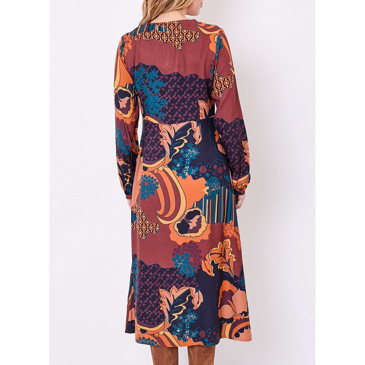 Robe midi fluide imprimée col V LAMANA marron bleu marine preeti, LA FIANCÉE
