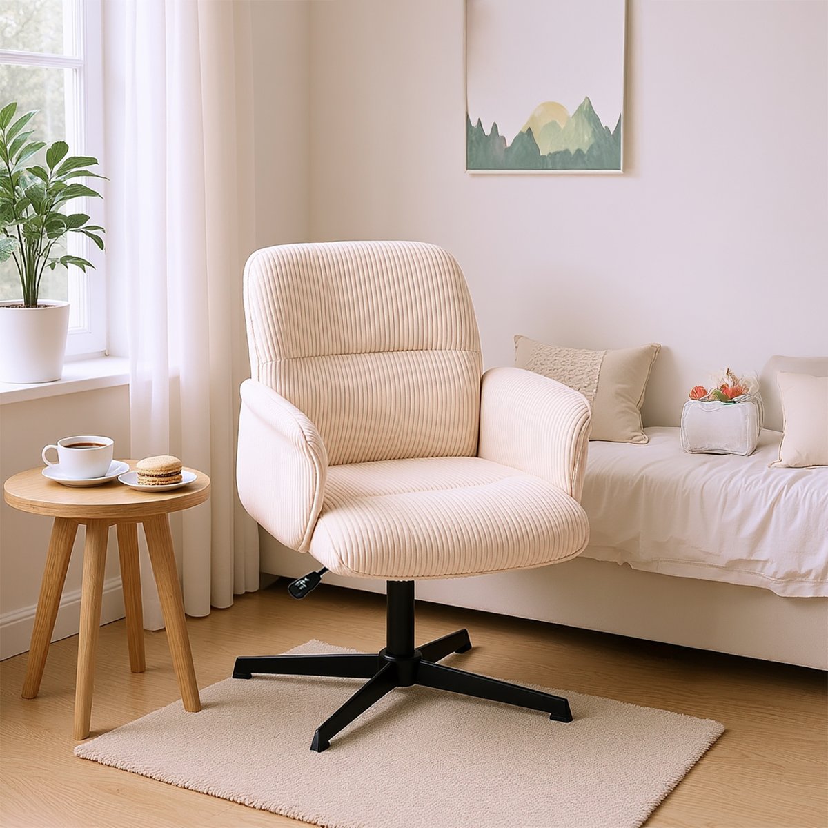 Fauteuil relax rotatif réglable en velours côtelé avec accoudoirs et base en métal noir, THOMASINACORDL beige, MEUBLES COSY