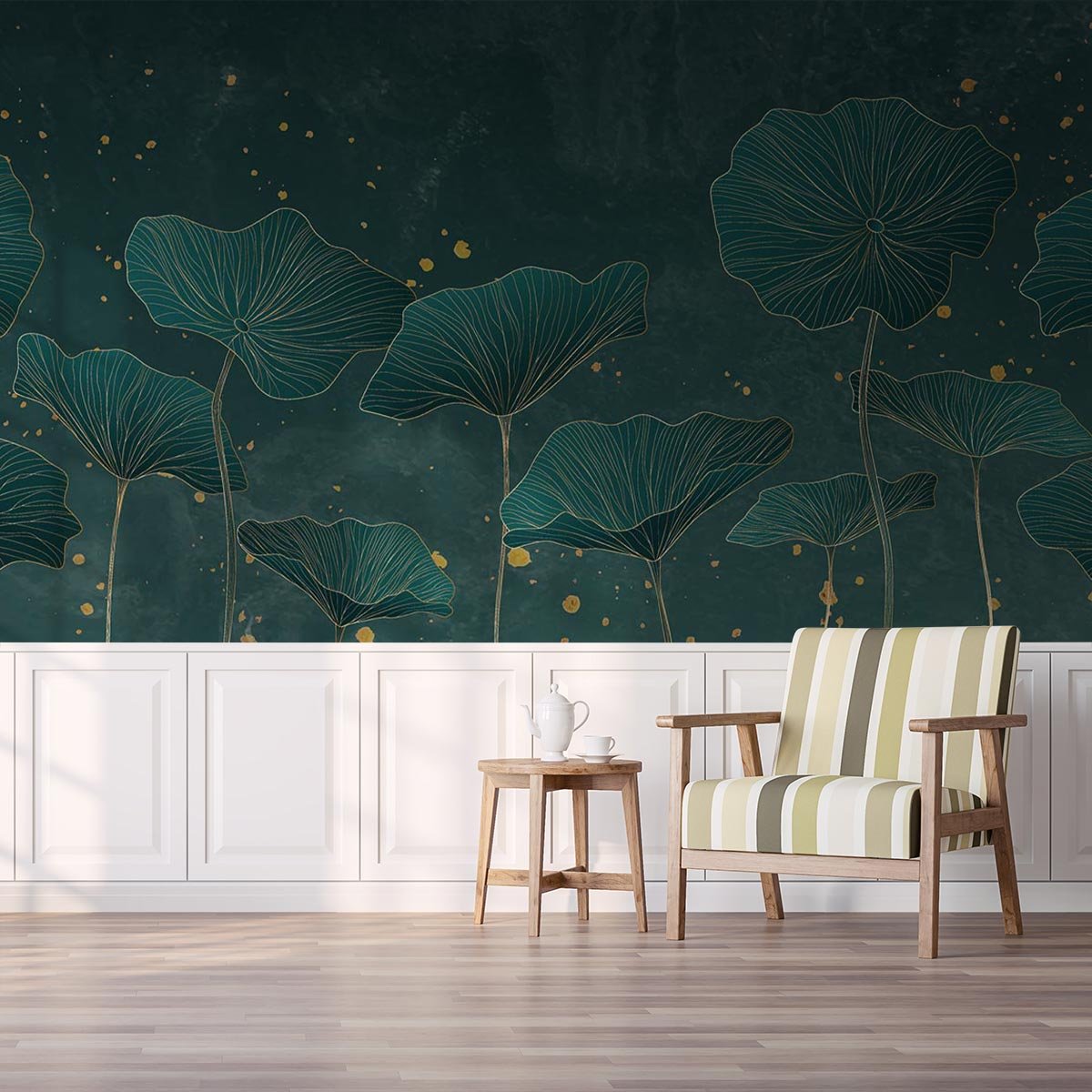 Papier peint lotus et feuillage vert profond touches dorées autres, HEXOA