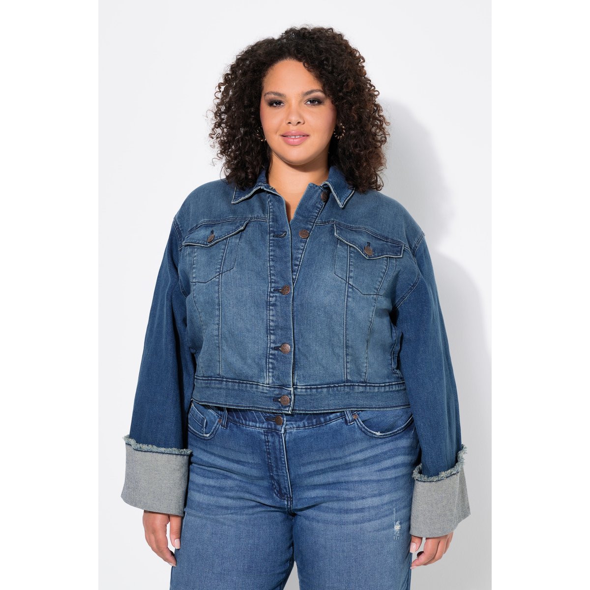 Veste en jean, franges et col chemise bleu jean, ULLA POPKEN