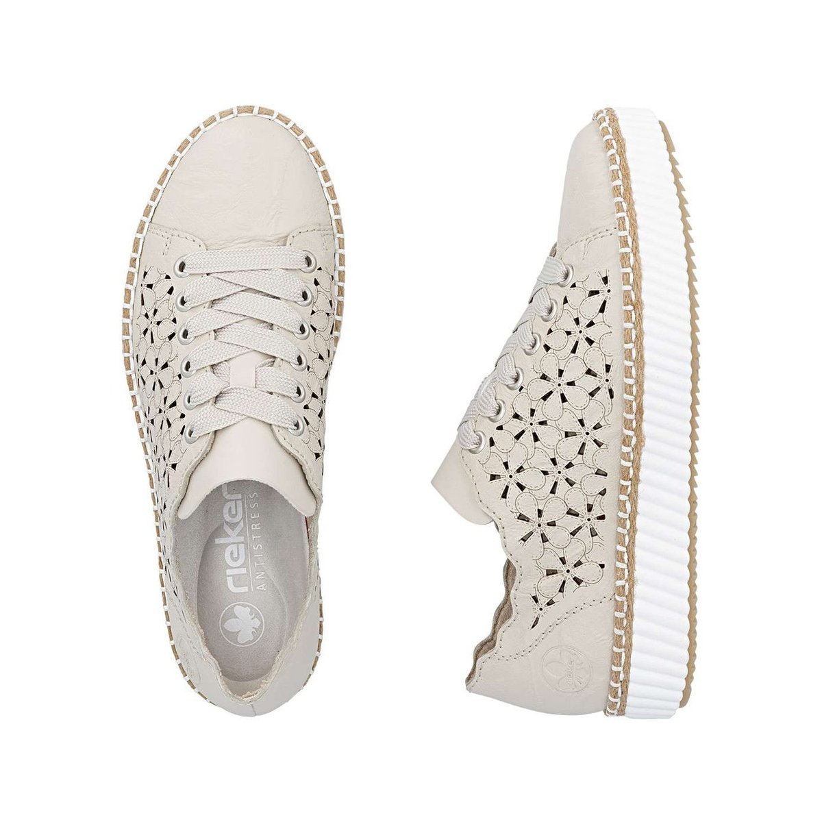Tennis beiges en cuir à talon plat avec des lacets et des motifs fleuris beige, RIEKER