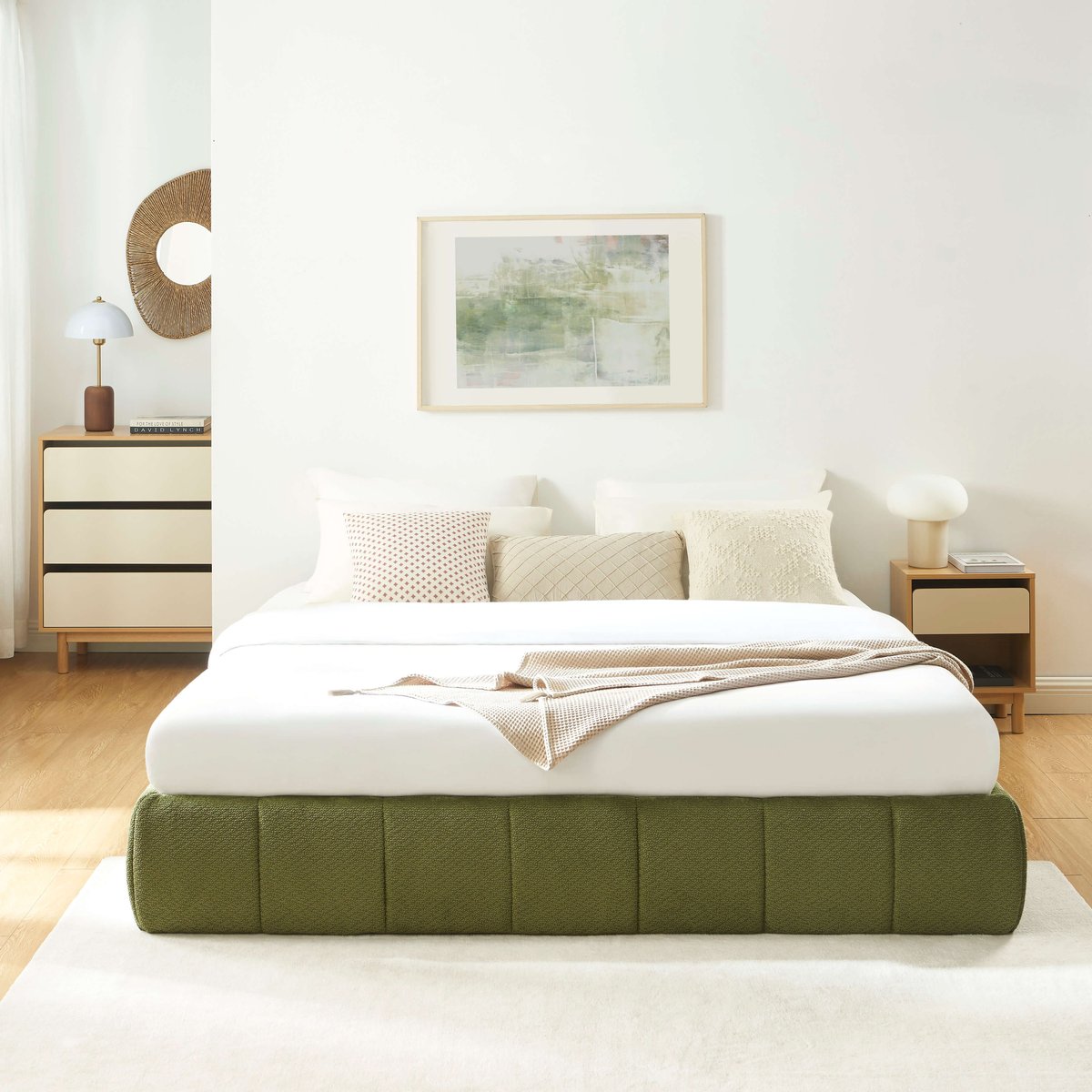 Lit coffre tissu chenille et sommier LAVINIA vert, BAÏTA