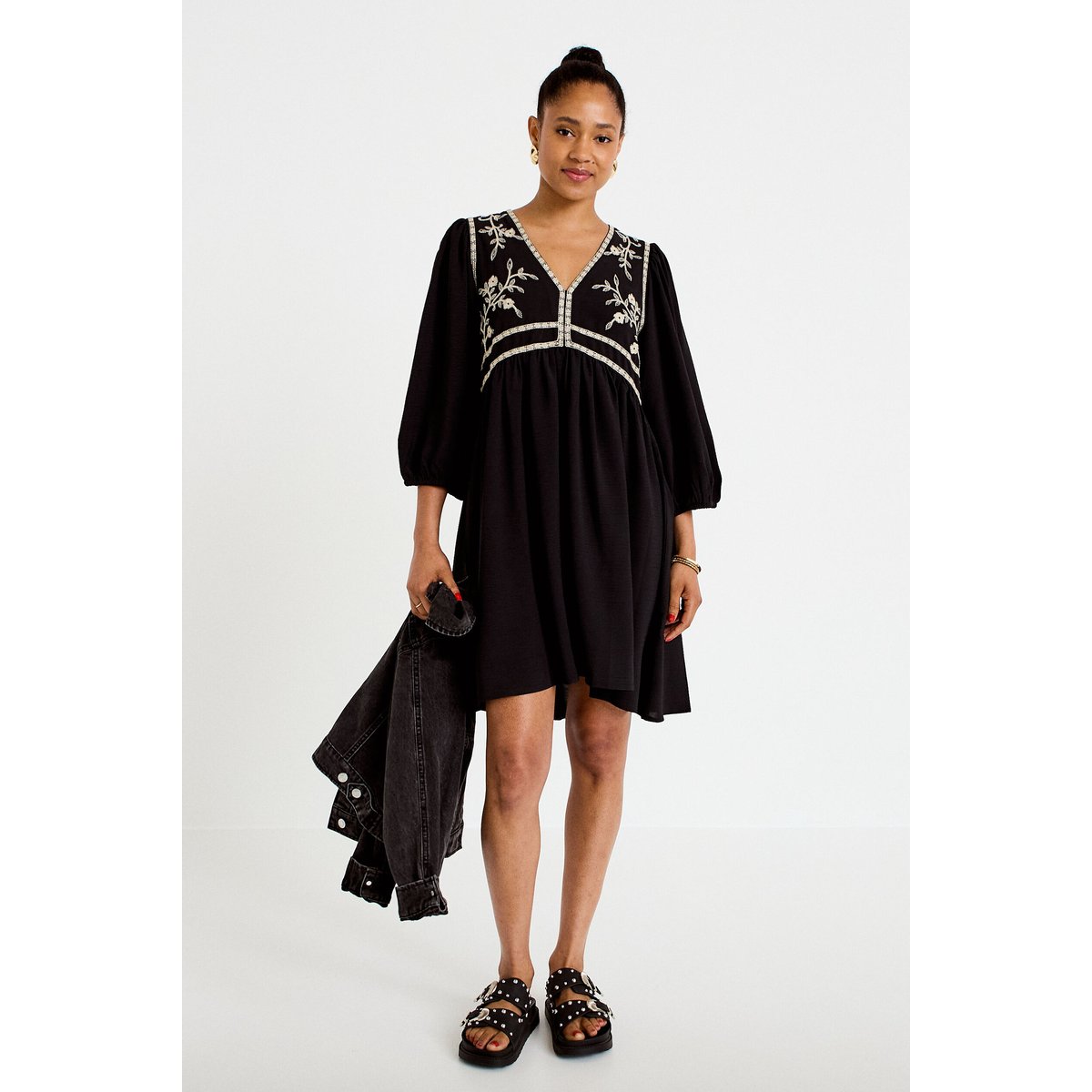 Robe droite courte col v manches 3/4 noir, CACHE CACHE