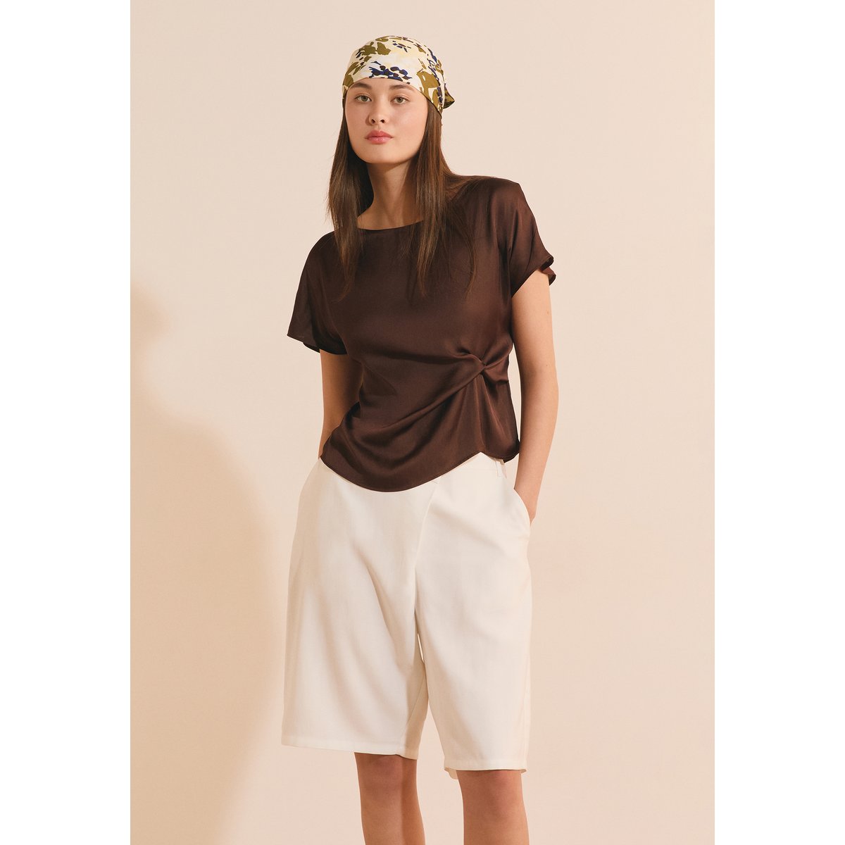 T-shirt drapé avec nœud satiné HANS chocolat, ETAM