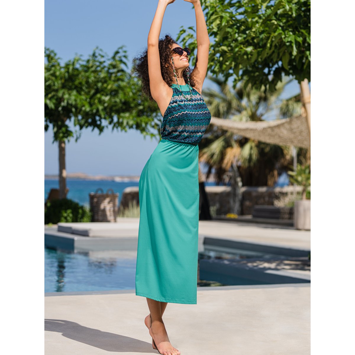 Robe longue estivale dos nu Topaz vert, LUNA SPLENDIDA