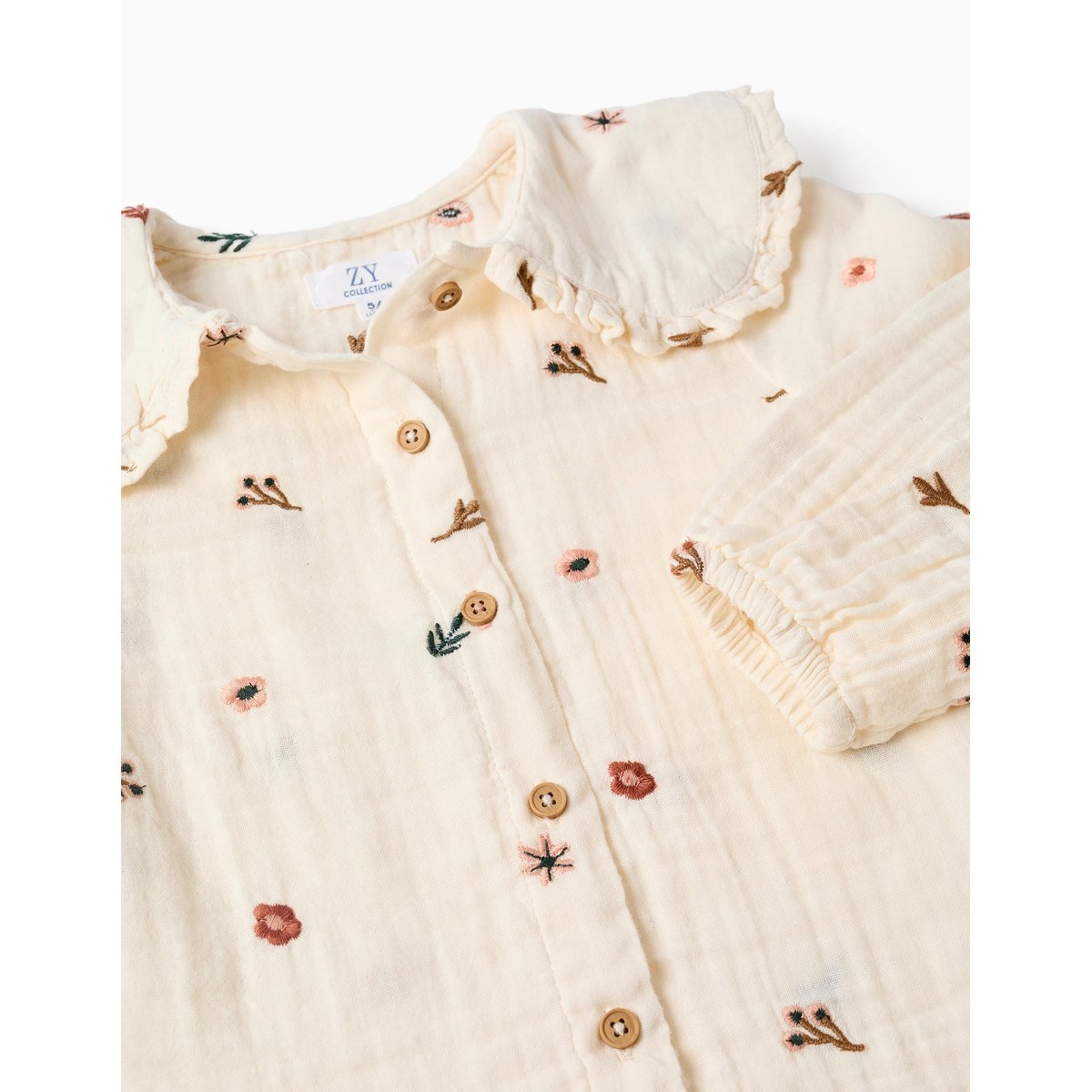 Blouse en coton à manches longues avec fleurs brodées blanc, ZIPPY
