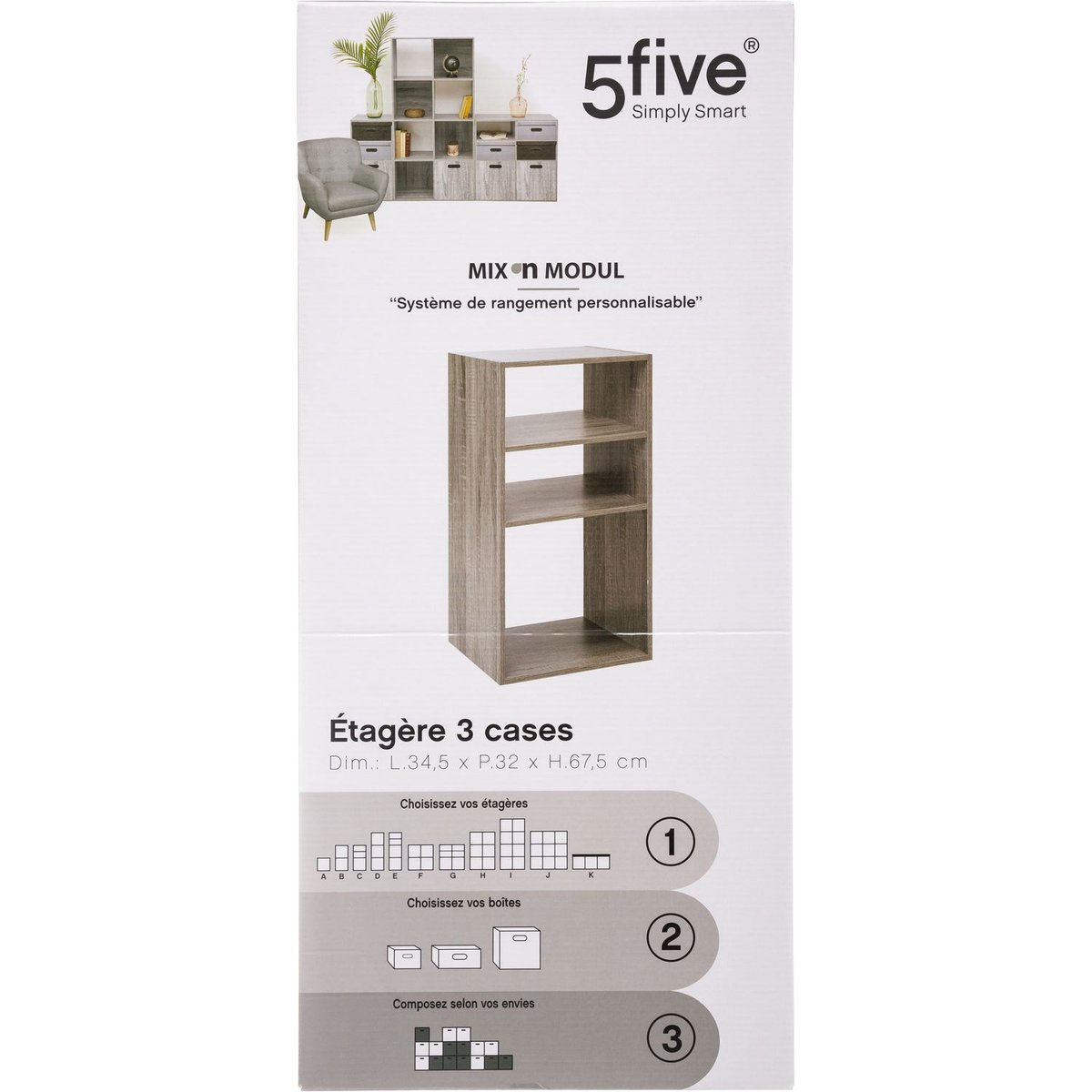 Étagère colonne 3 cases effet chêne MIX'N MODUL gris, 5FIVE SIMPLY SMART