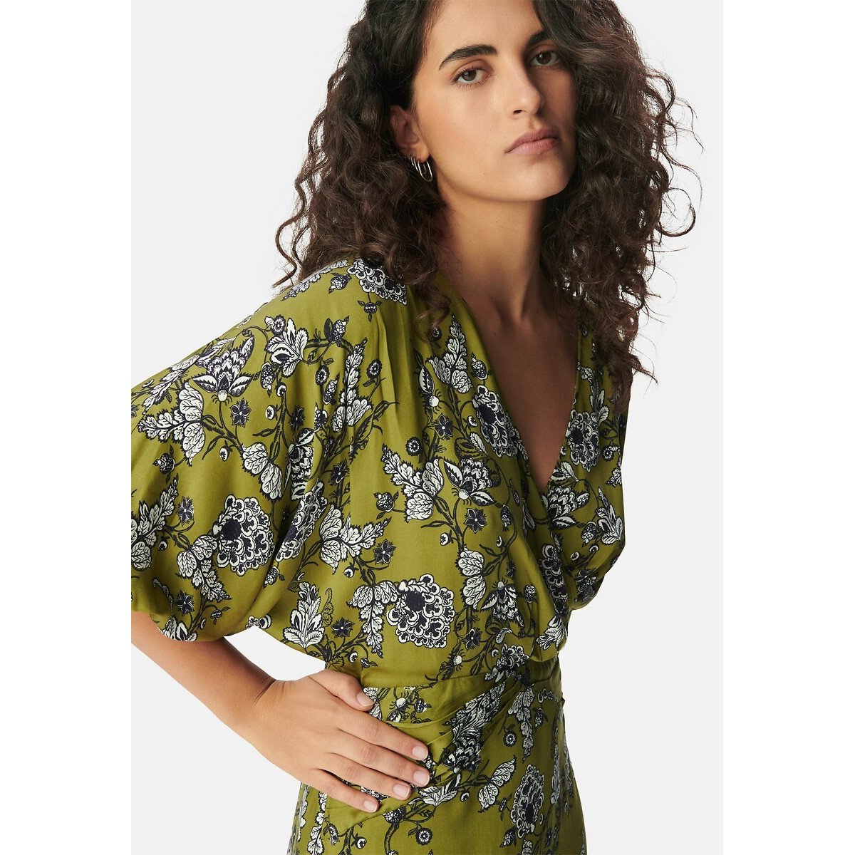 V-Neck Mini Dress with Floral Print and 3/4 Length Sleeves yellow print, IKKS
