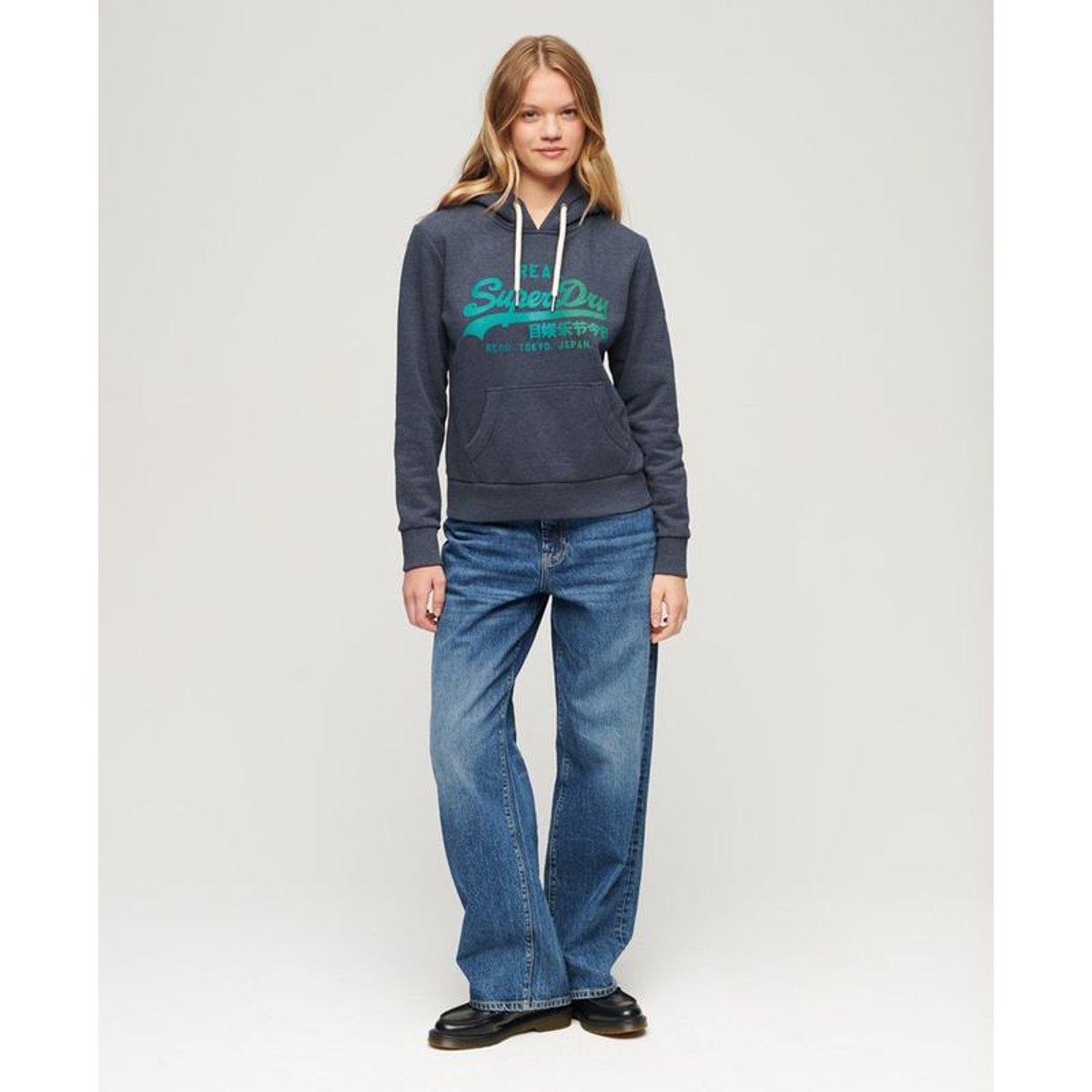 Sweat à capuche Vintage Logo ton sur ton indigo chiné, SUPERDRY