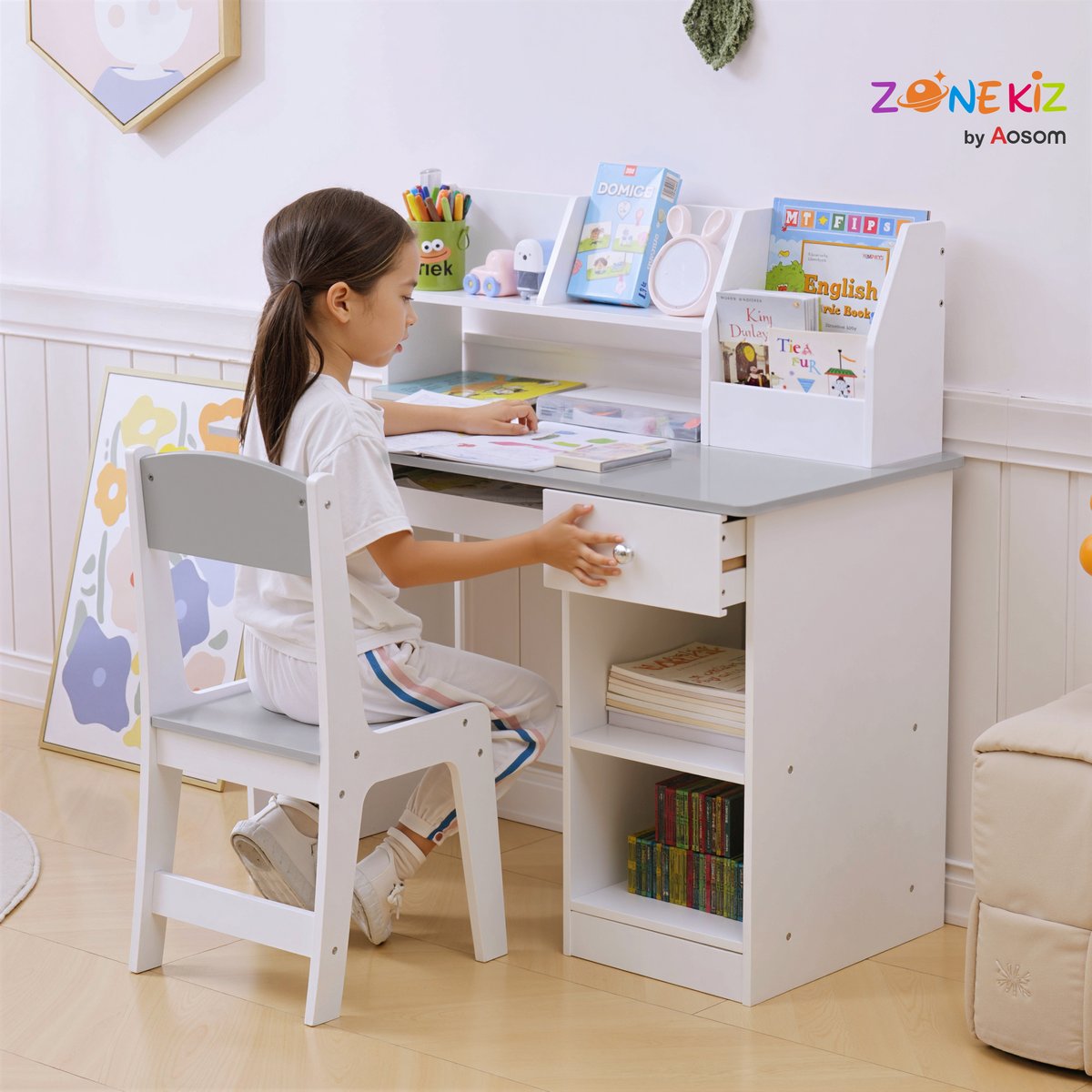 Bureau d'étude pour enfants avec chaise MDF gris et blanc, ZONEKIZ