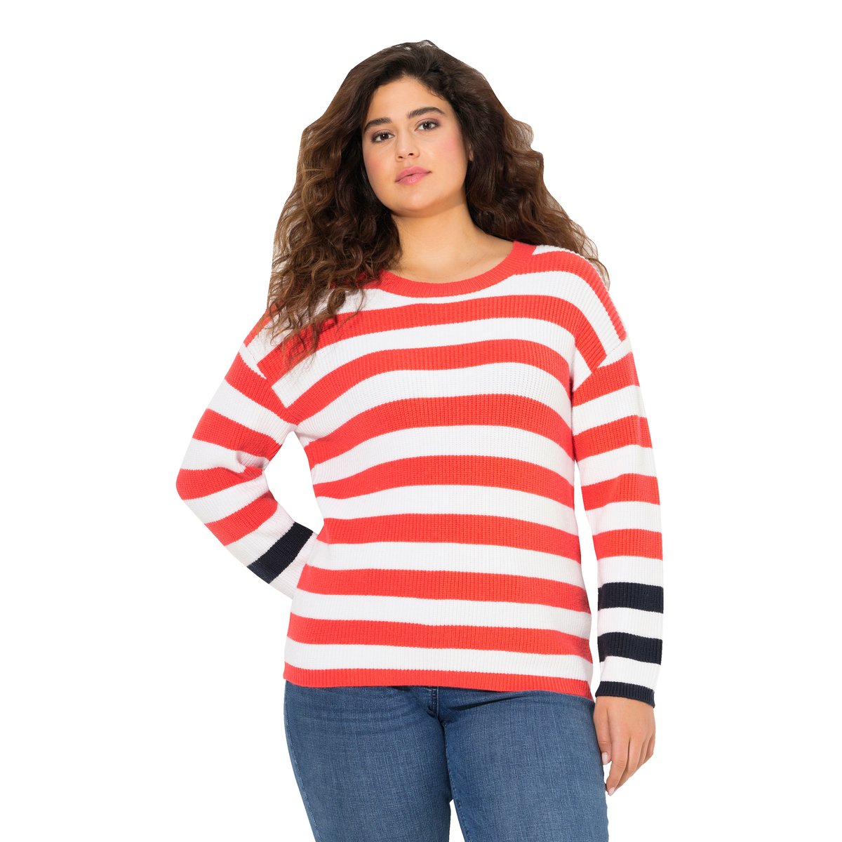 Pull rayé, col rond et manches longues rouge hibiscus, ULLA POPKEN