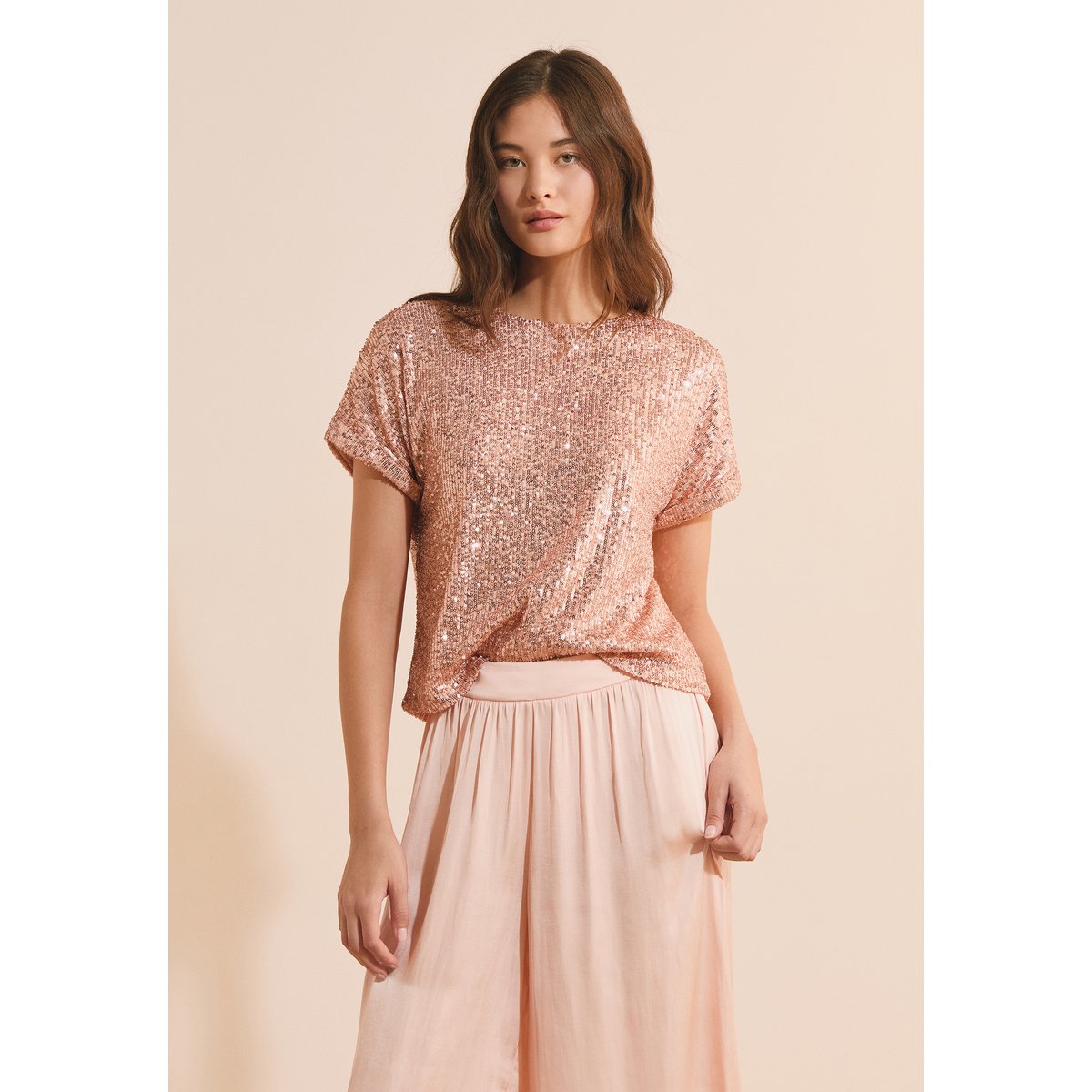 T-shirt manches courtes à sequins HARMONIE saumon peche, ETAM