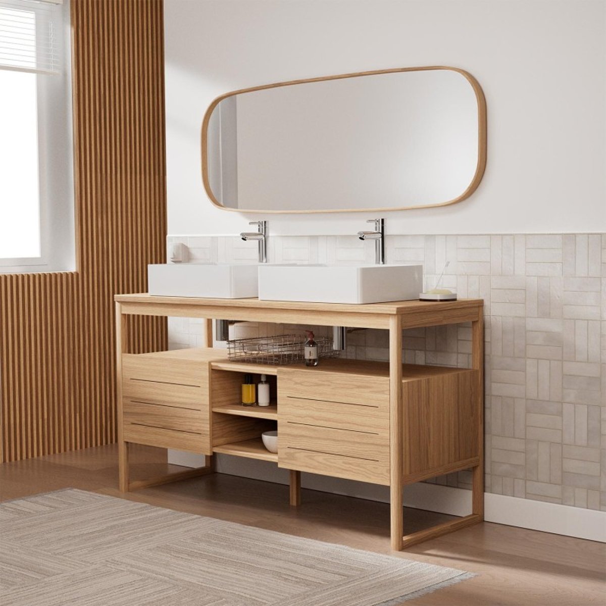 Ensemble meuble double vasque 140 cm + Vasques + Robinets + Miroir ATOLL chêne, MOB IN