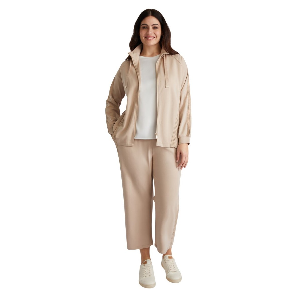 Pantalon de jogging court avec bords en dentelle beige, FIORELLA RUBINO