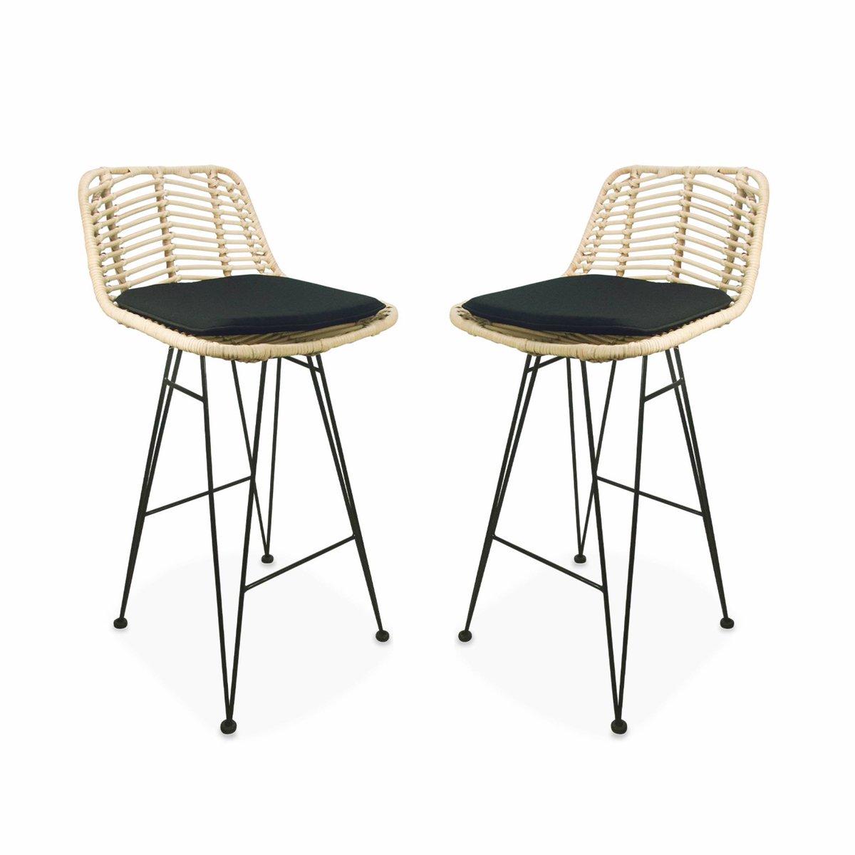 Tabouret de bar métal et rotin 67cm (lot de 2) CAHYA noir, SWEEEK