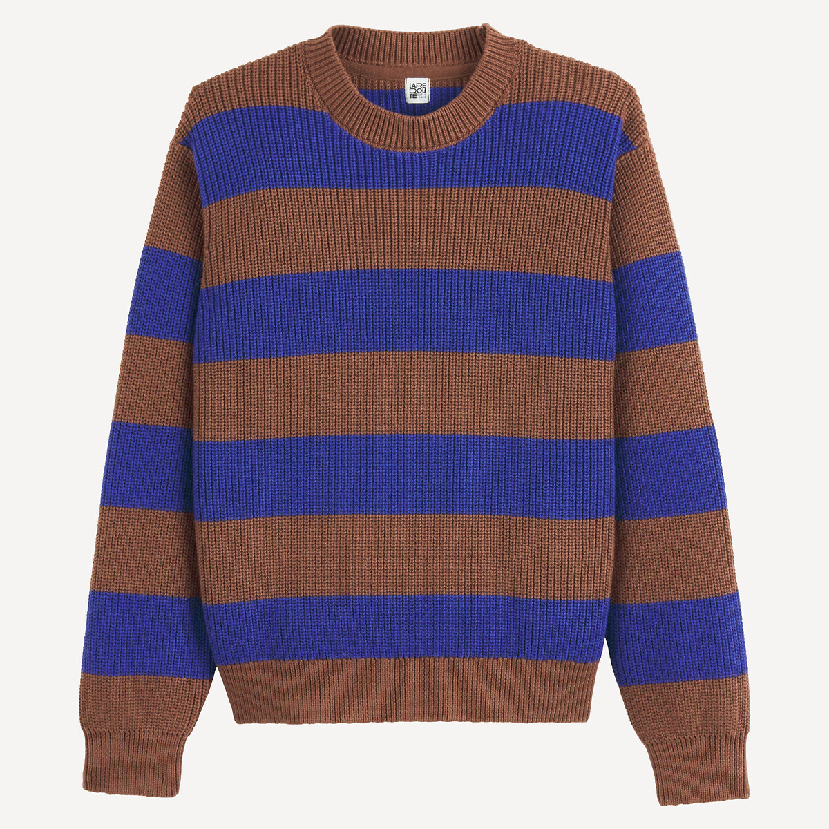 Jersey de rayas y cuello redondo en punto grueso marrón/azul, LA REDOUTE COLLECTIONS