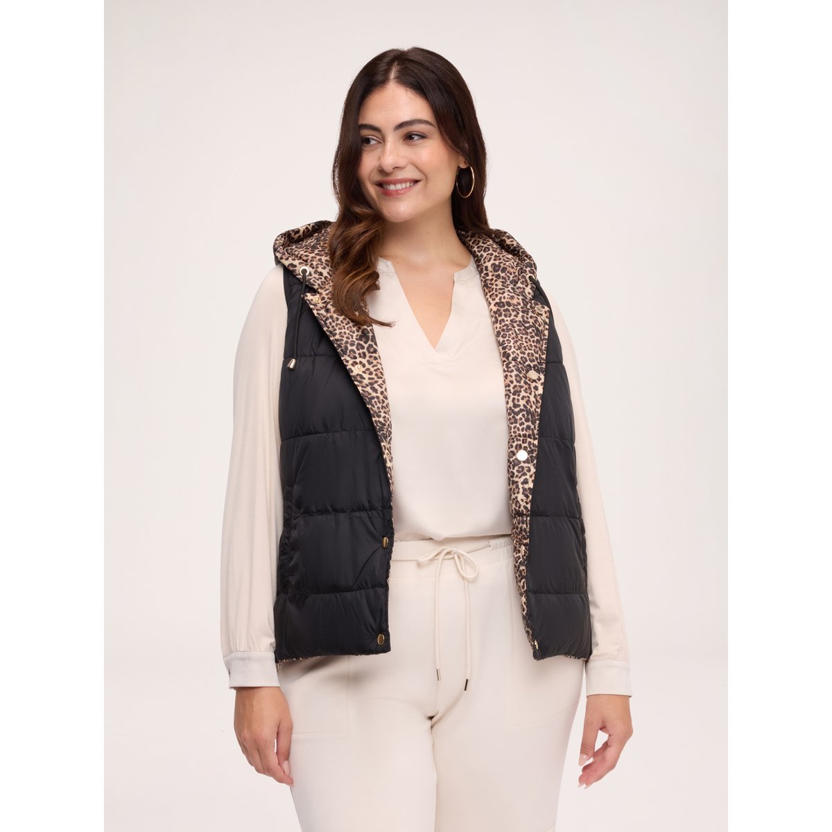 Veste matelassée réversible sans manches avec imprimé léopard beige, FIORELLA RUBINO