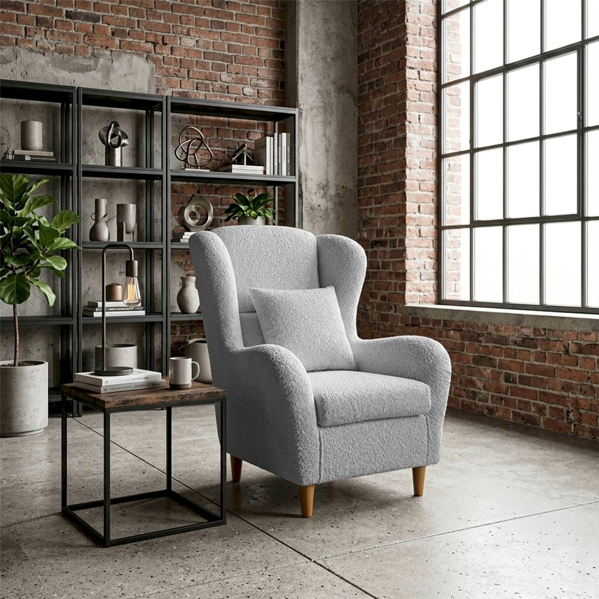 Fauteuil bergère en chenille TEDDLO gris clair bouclé alice, RECOLLECTION