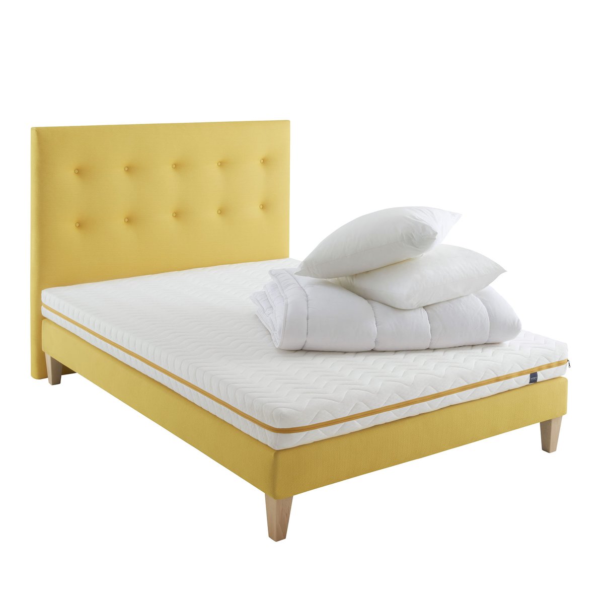 Ensemble matelas mousse, sommier, pieds, tête de lit, couette et oreiller Aurore 200 blanc, SOMEO