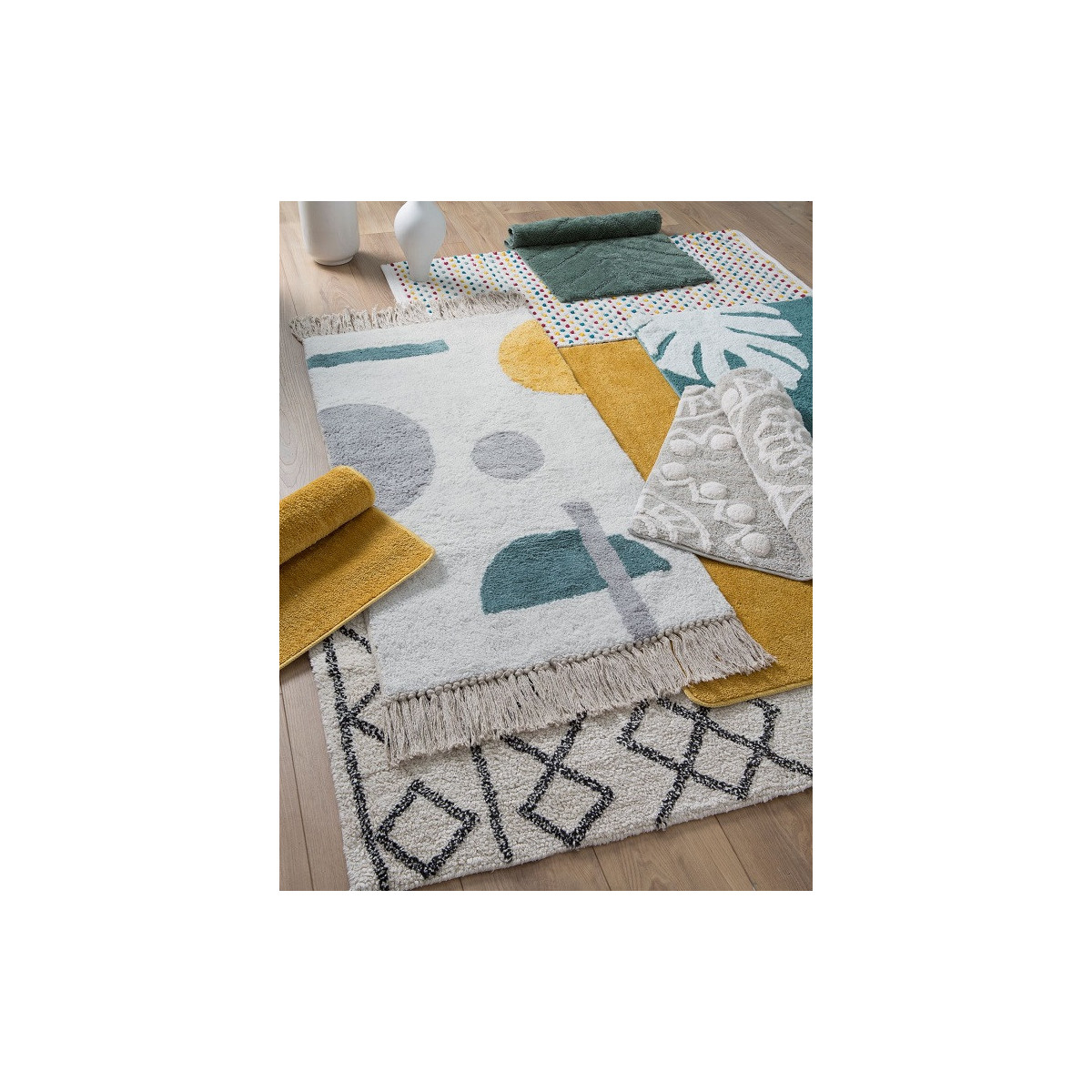 Tapis déco figuratif à franges en coton ABSTRAIT blanc, GUY LEVASSEUR