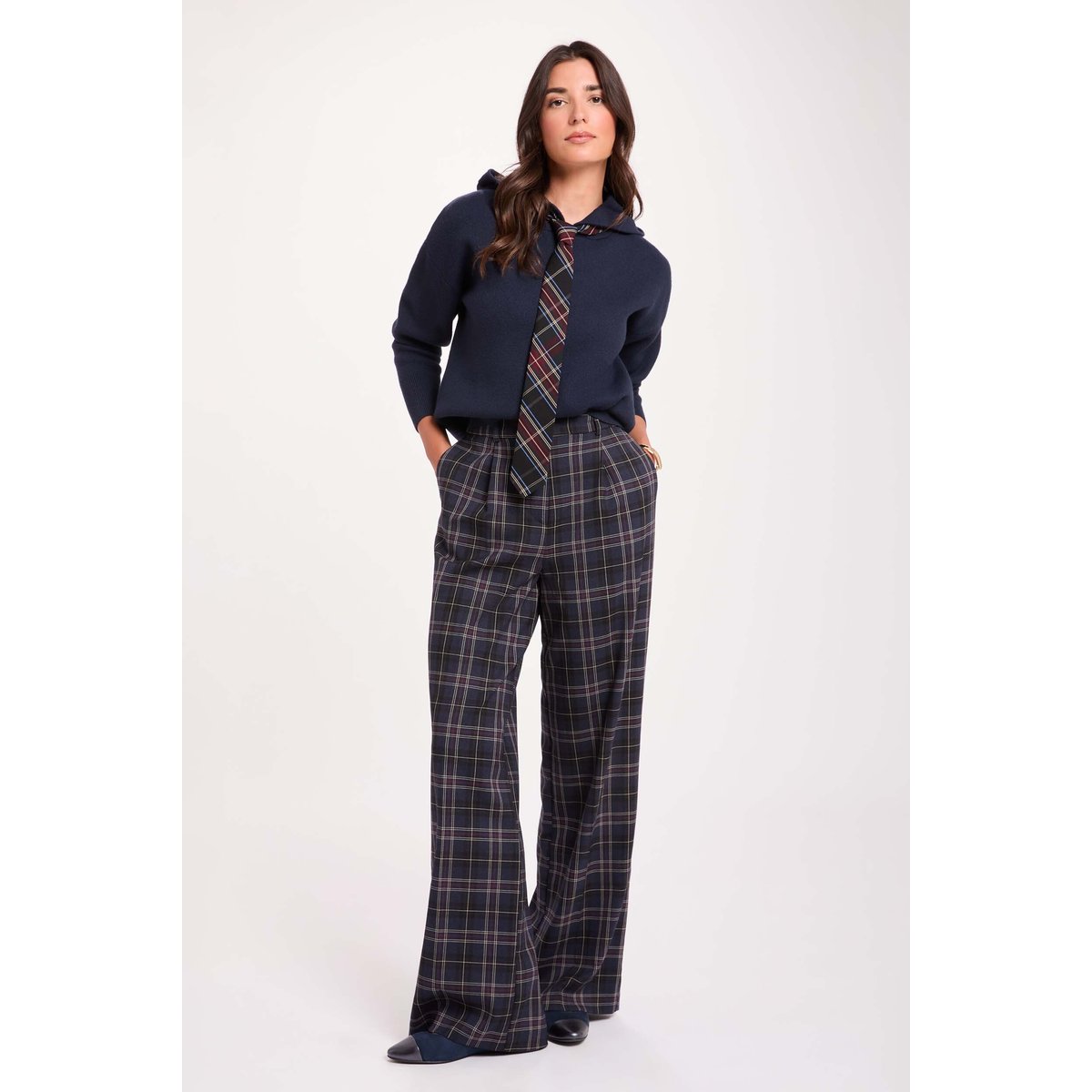 Pantalon large taille haute a carros multicolore, MORGAN