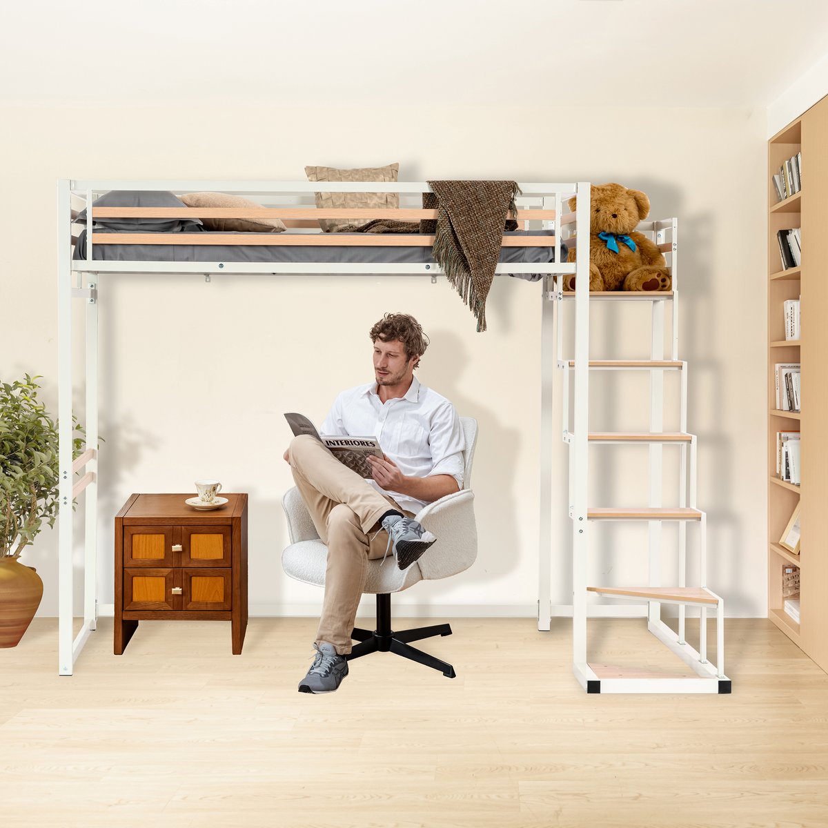 Lit mezzanine Lits superposes en métal sans matelas, UP blanc, MEUBLES COSY